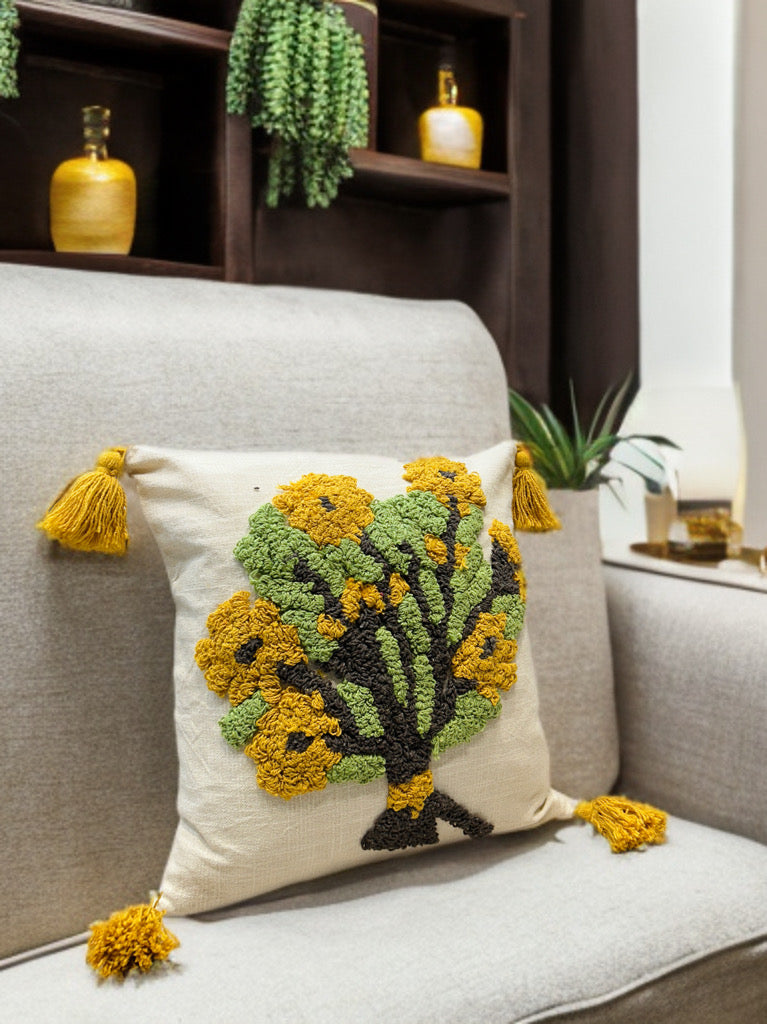 Floral Knotted Embroidered Cushion Cover | Slub Cotton, 16x16 Inches