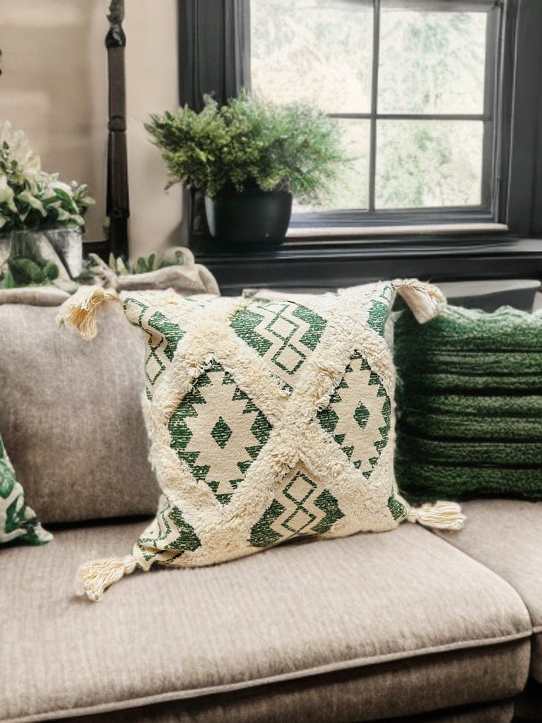 Green Tufted Cushion Cover | Slub Cotton, 16x16"
