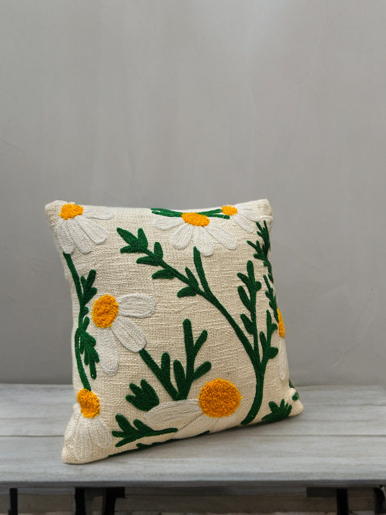 Embroidered Cushion Cover | Slub Cotton, Thread Work (16"x16")