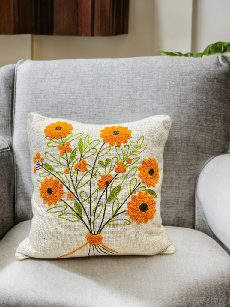 Yellow Flower Embroidered Cushion Cover | Slub Cotton, 16x16 Inches