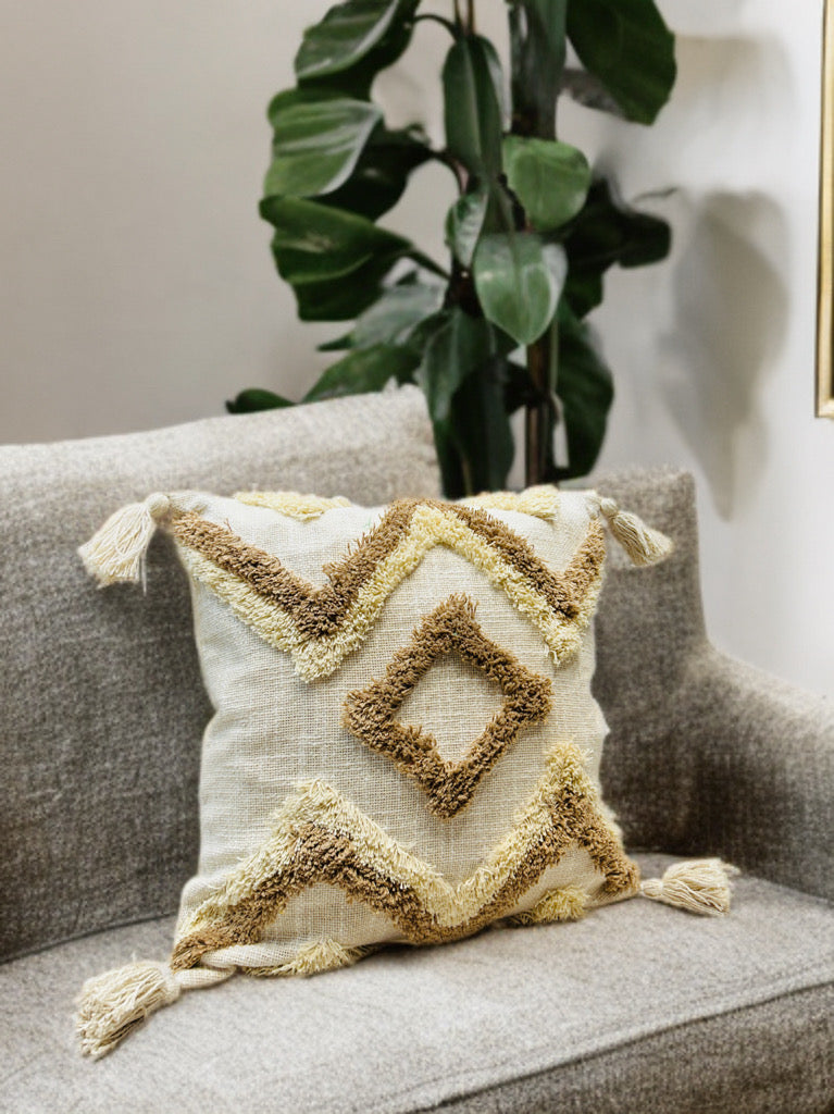 Elegant Brown Tufted Cushion Cover | Slub Cotton, 16x16"