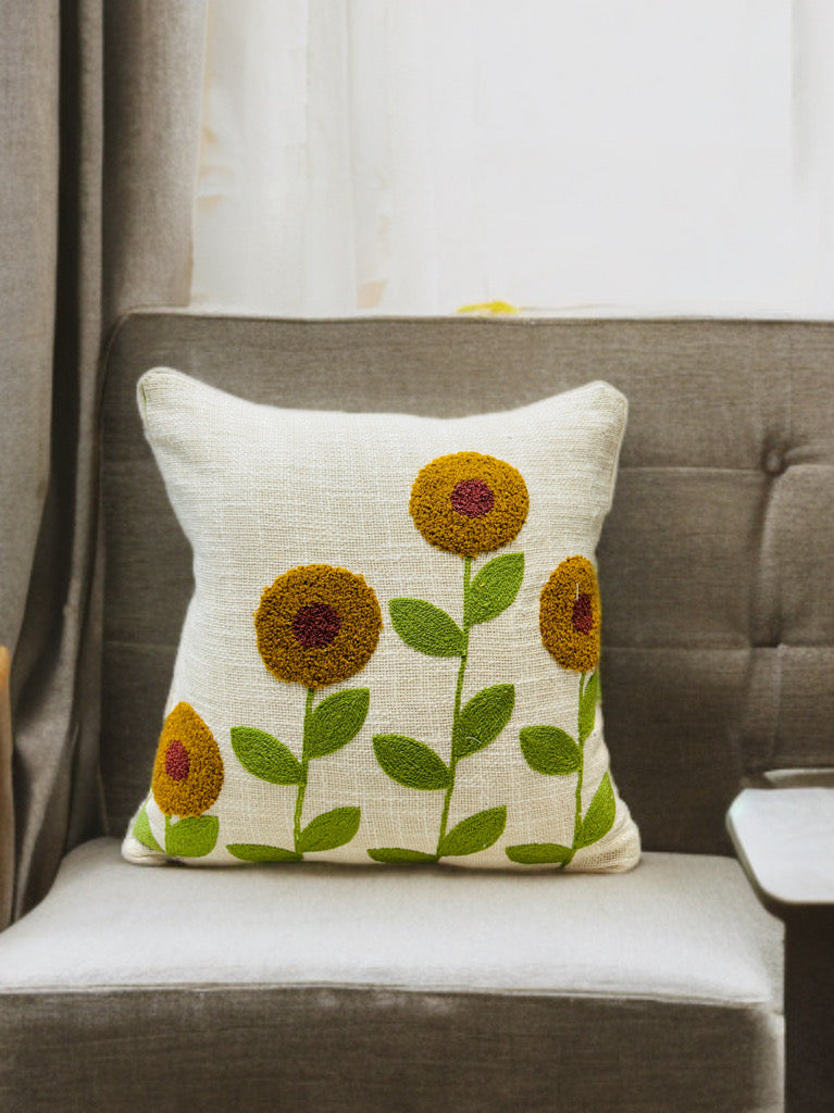 Elegant Blue Flower Embroidered Cushion Cover | 16x16" Cotton