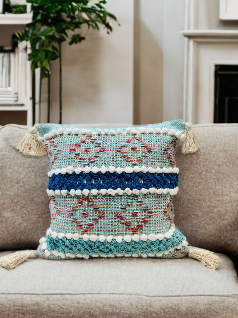 Bohemian Cushion Cover - Aqua Blue, Tassels, Dari Fabric, 16x16"