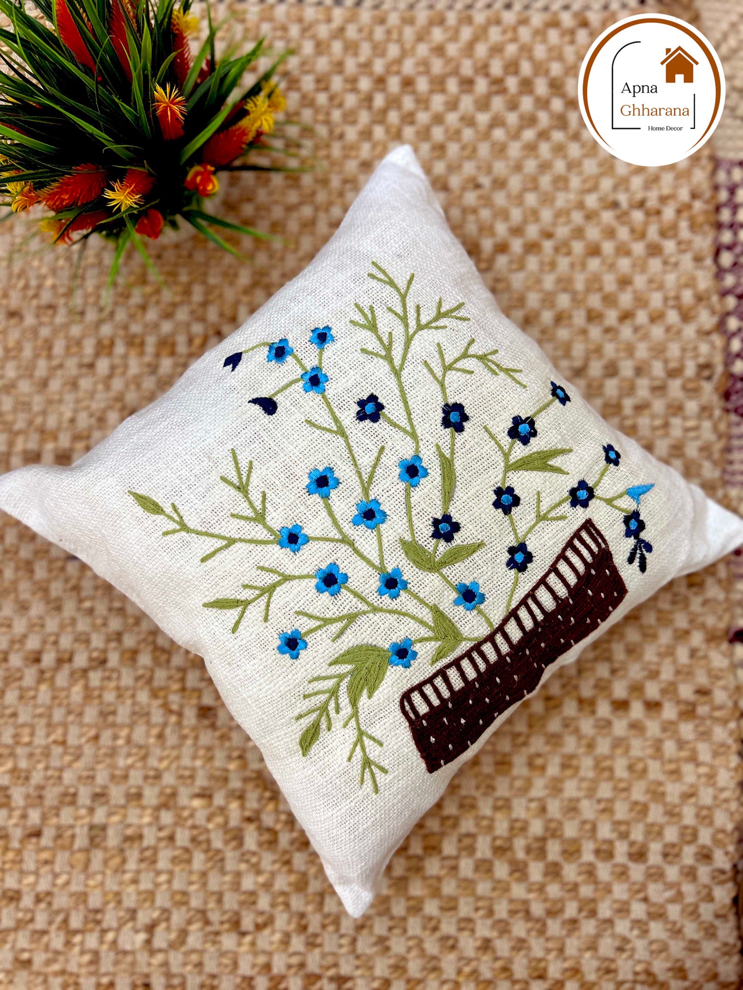 Elegant Blue Flower Embroidered Cushion Cover | 16x16" Cotton