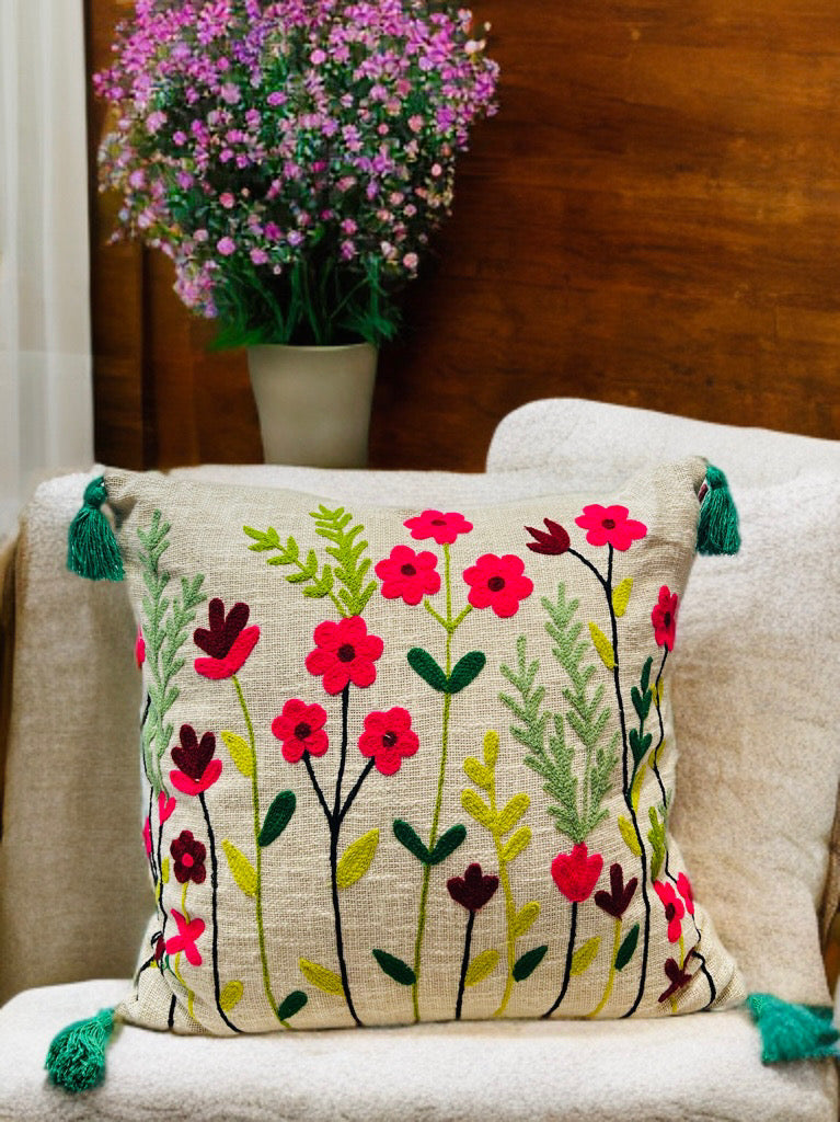 Floral Embroidered Cushion Cover | Slub Cotton, 24x24 Inches