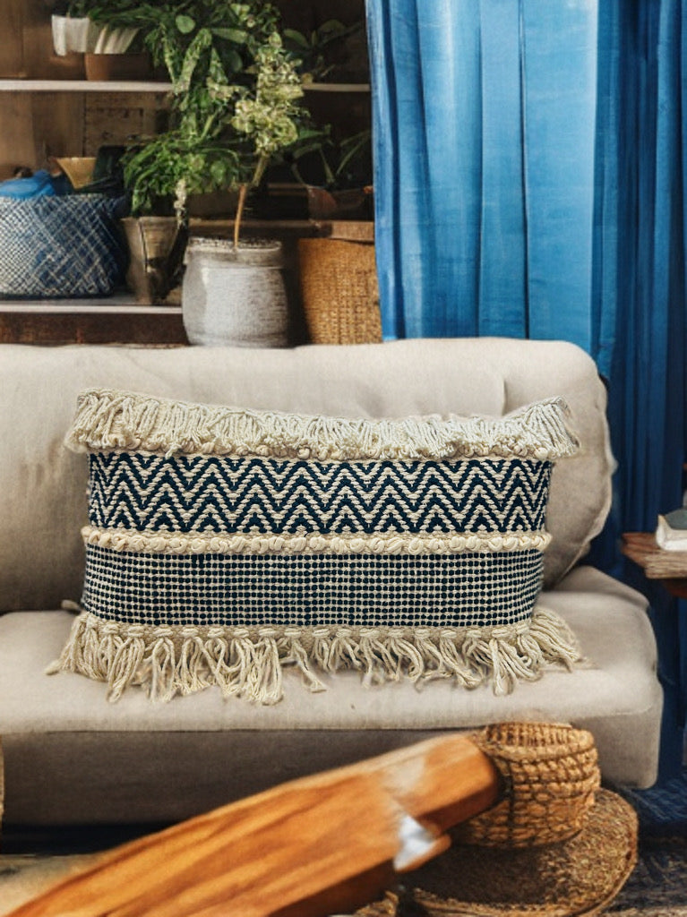 Bohemian Cushion Cover – Black, Tassels, Dari Fabric, 12x20"