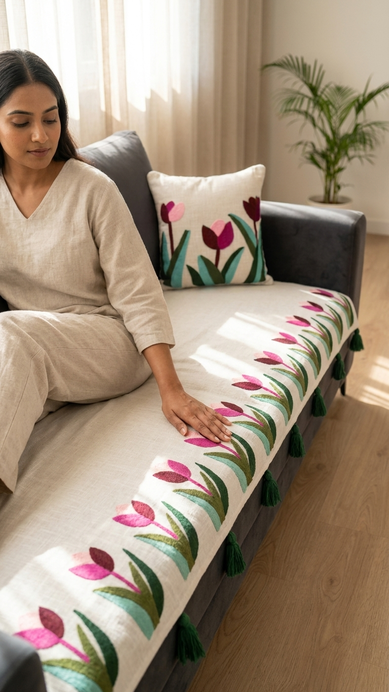 Embroidered Tulip Sofa Runner