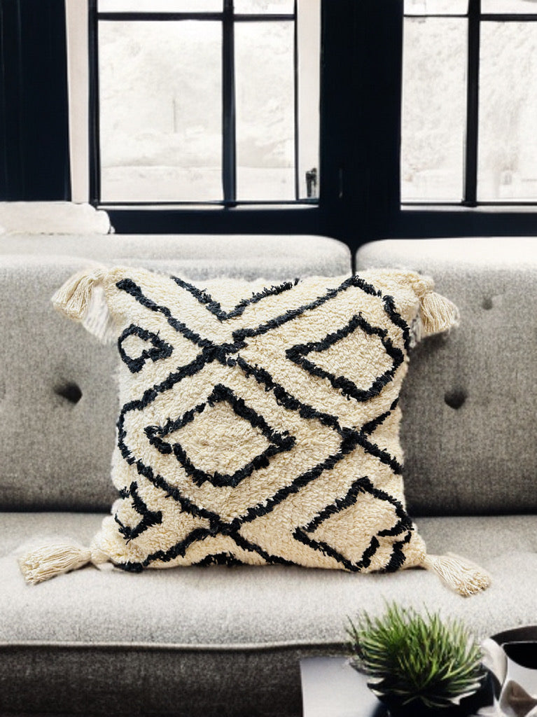 Elegant Black and white Tufted Cushion Cover | Slub Cotton, 16x16"