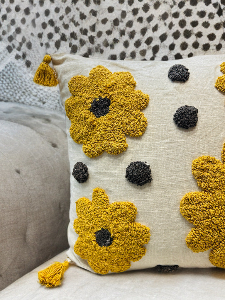 Yellow Floral Knotted Embroidered Cushion Cover | Slub Cotton, 24x24 Inches