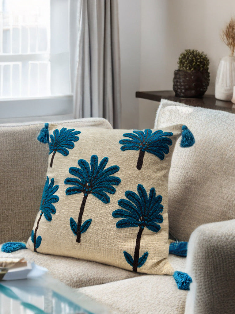 Blue Palm Embroidered Cushion Cover | Slub Cotton, 24x24 Inches