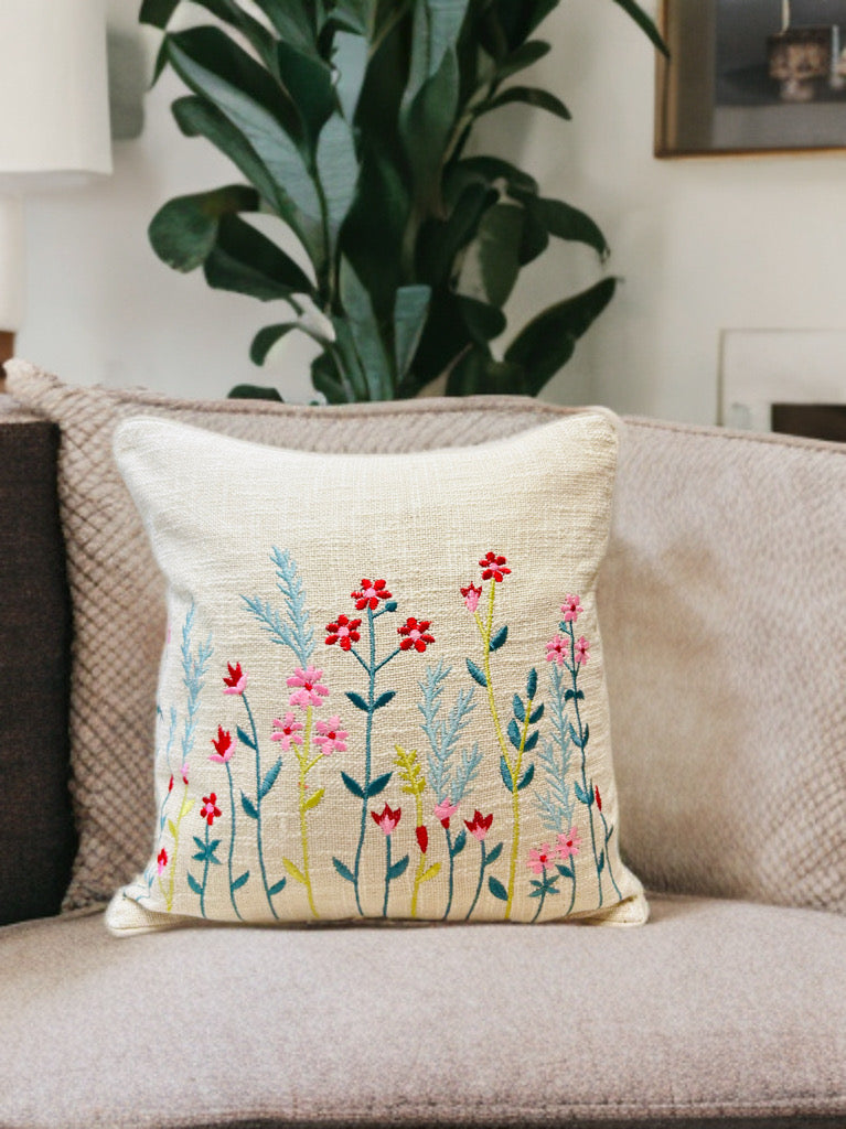 Floral Embroidered Cushion Cover | Slub Cotton, 16x16 Inches