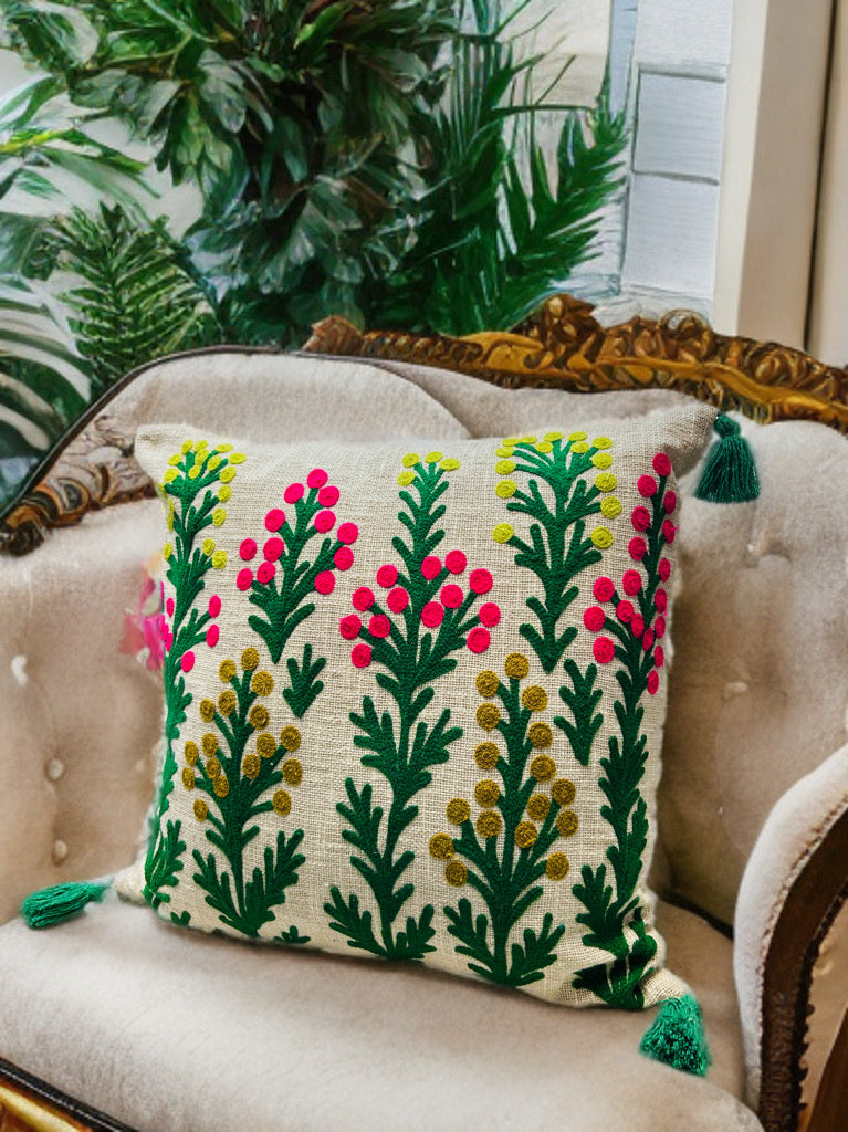 Embroidered Cushion Cover | Slub Cotton, 24x24 Inches