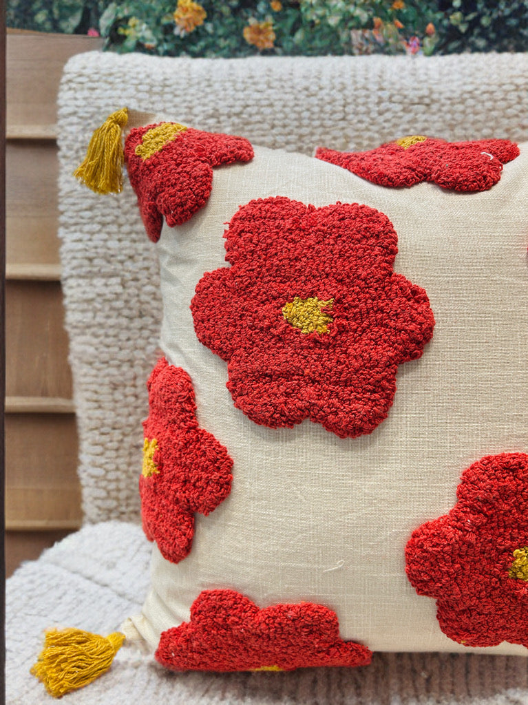 Red Floral Knotted Embroidered Cushion Cover | Slub Cotton, 24x24 Inches