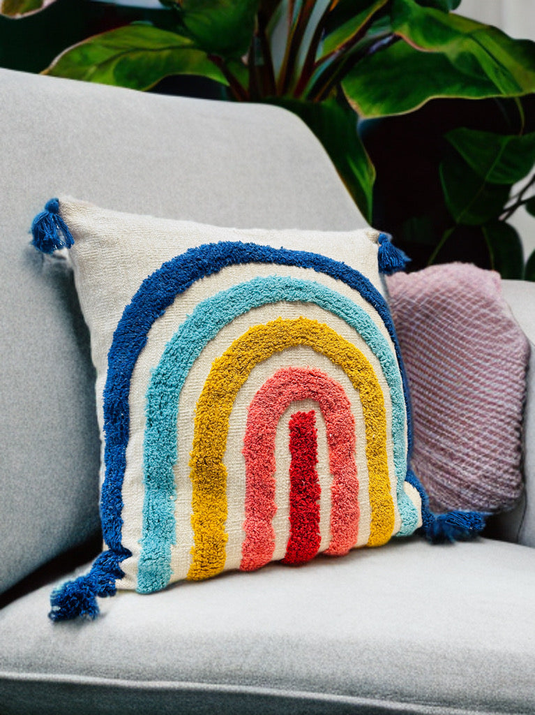 Tufted Rainbow Cushion Cover | Multicolor Slub Cotton (24"x24")