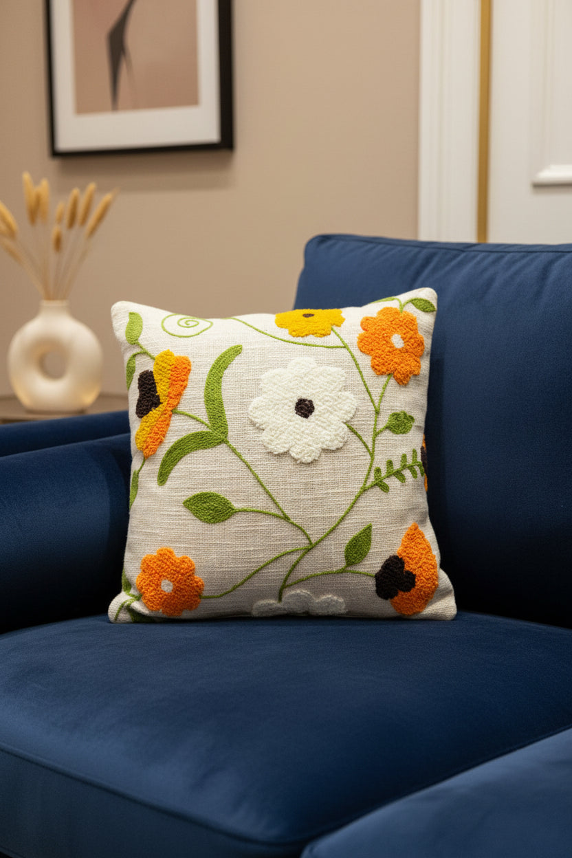 Threaded Elegance – Embroidered Cushion Cover | 16x16" | Slub Cotton