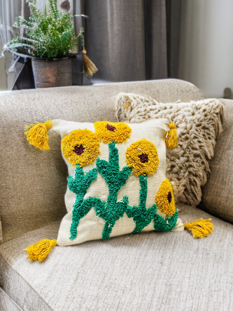 Sunflower Tufted Cushion Cover | White & Yellow, Slub Cotton, 16x16"