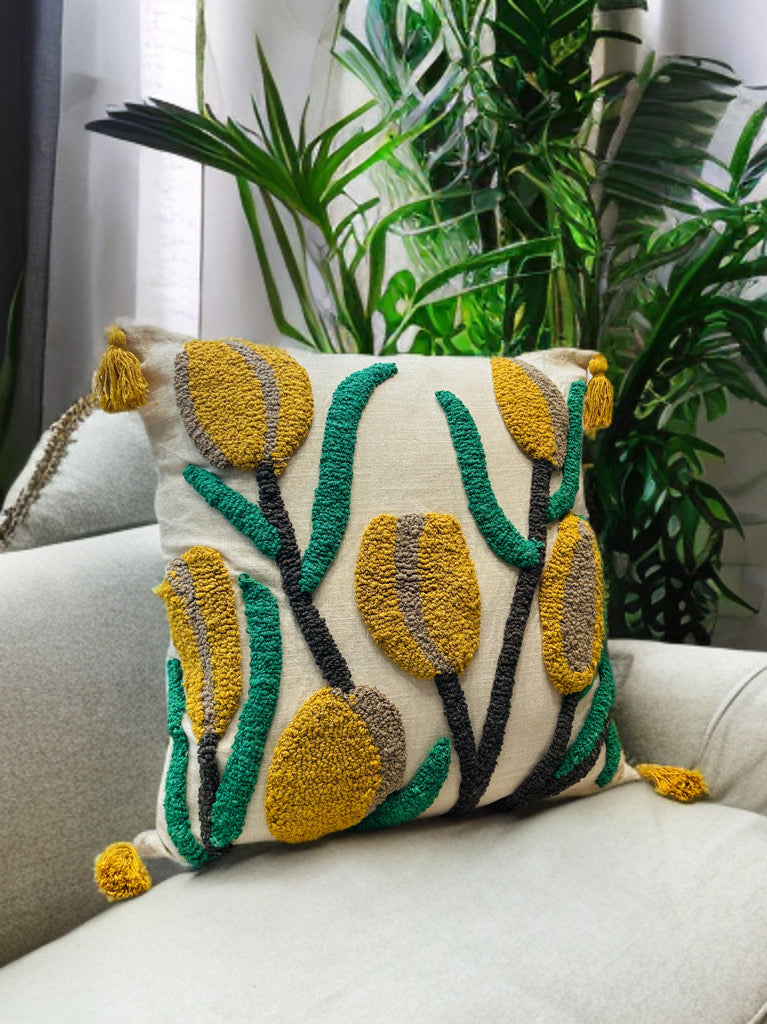 Knotted Embroidered Cushion Cover | Slub Cotton, 24x24 Inches