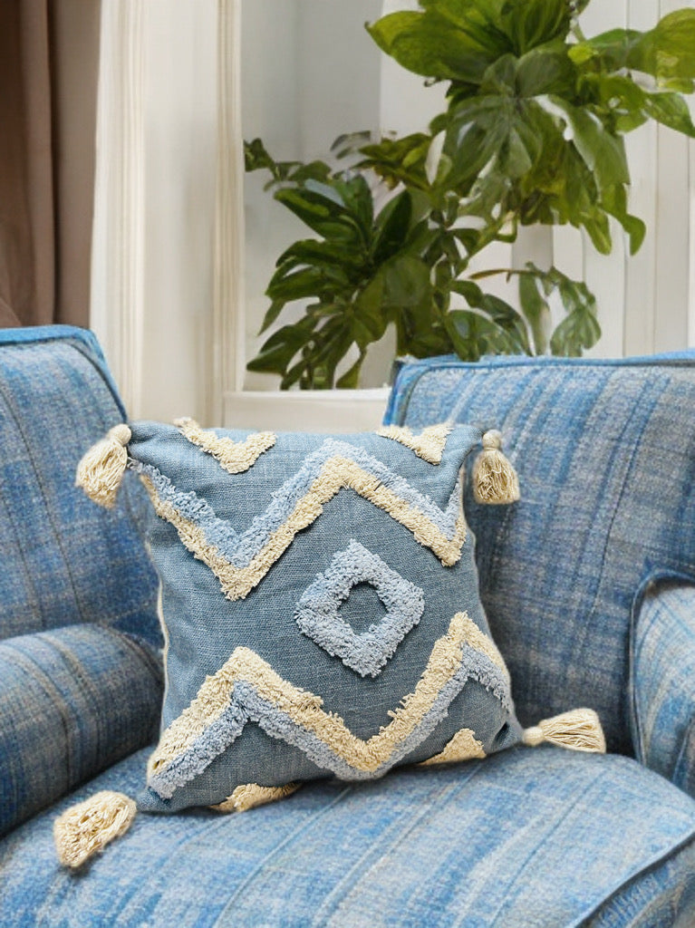 Elegant Blue Tufted Cushion Cover | Slub Cotton, 16x16"