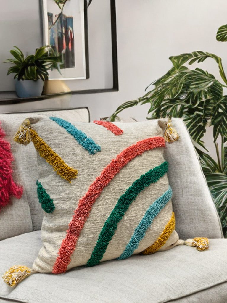 Tufted Rainbow Cushion Cover | Multicolor Slub Cotton (24"x24")