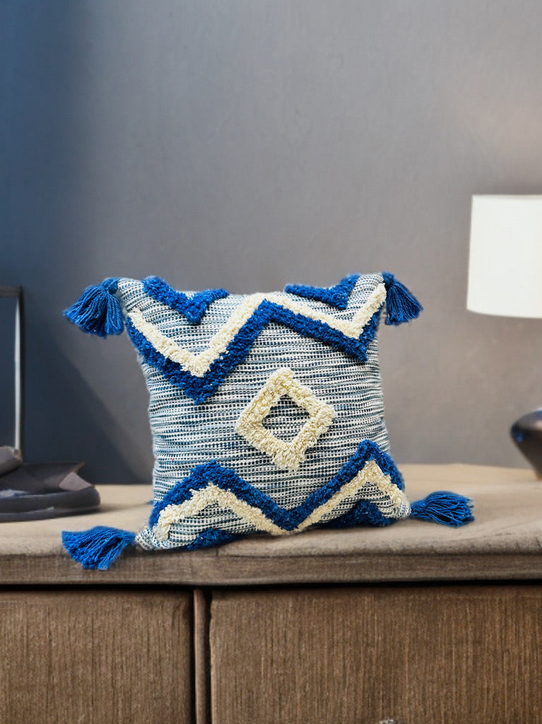 Elegant Blue Tufted Cushion Cover | Slub Cotton, 16x16"