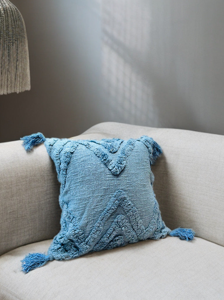 Elegant Blue Tufted Cushion Cover | Slub Cotton, 16x16"