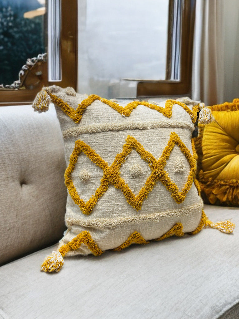 Tufted Yellow Abstract Cushion Cover | Slub Cotton (24"x24")