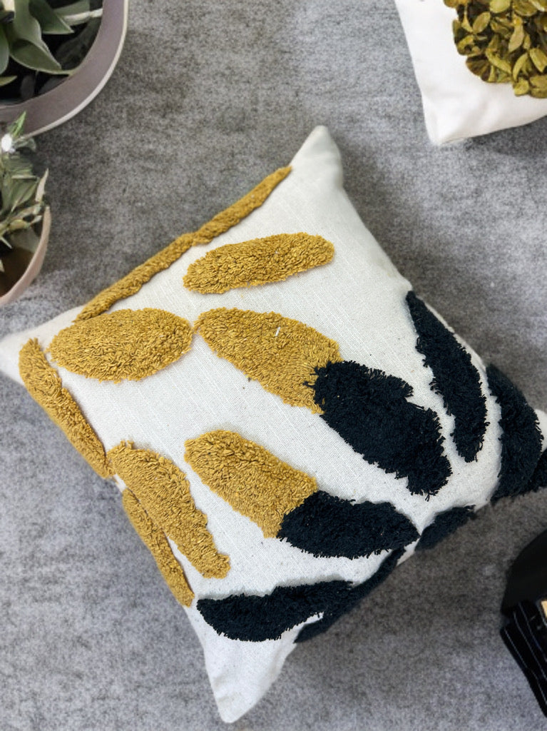 Yellow & Black Tufted Cushion Cover | 16"x16" | Slub Cotton with Tassels