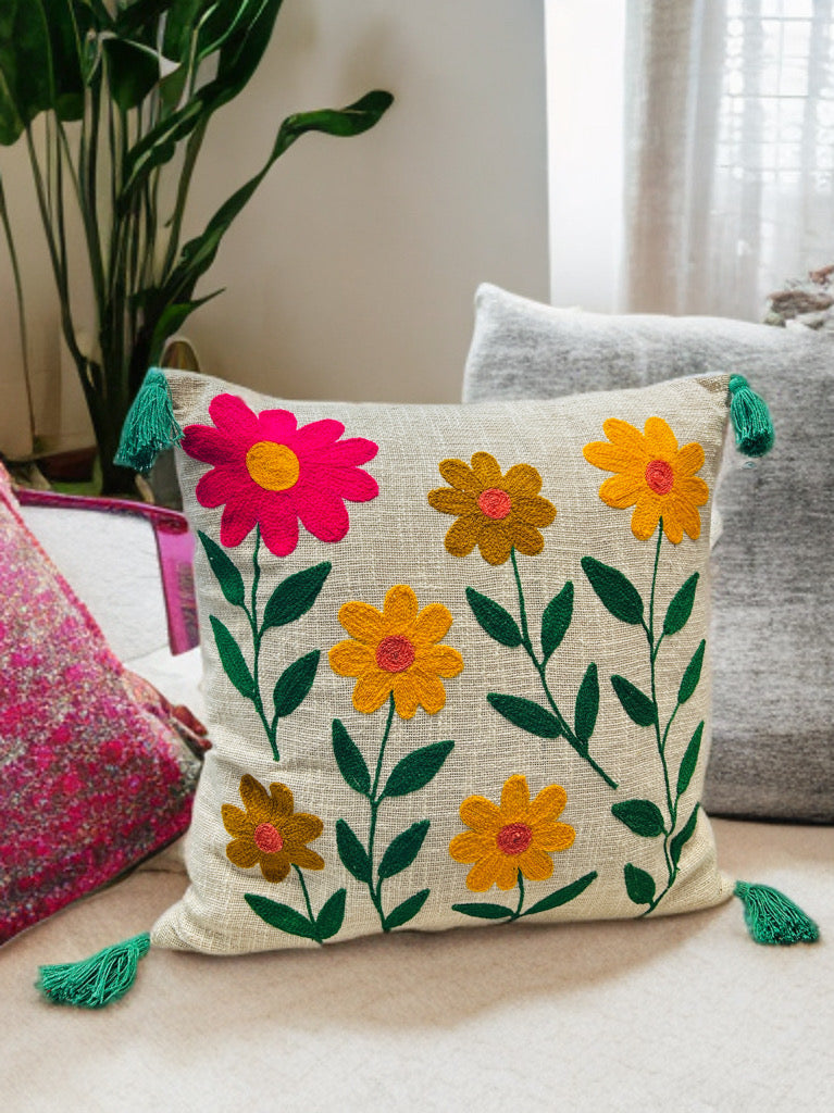 Floral Embroidered Cushion Cover | Slub Cotton, 24x24 Inches