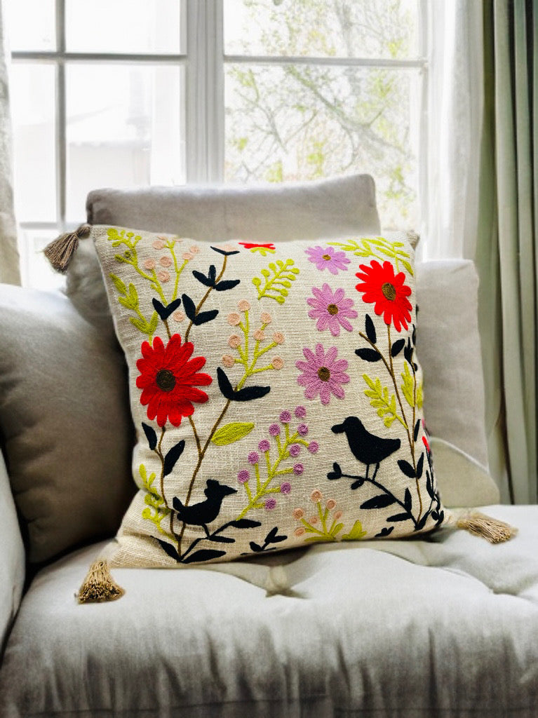 Floral Embroidered Cushion Cover | Slub Cotton, 24x24 Inches