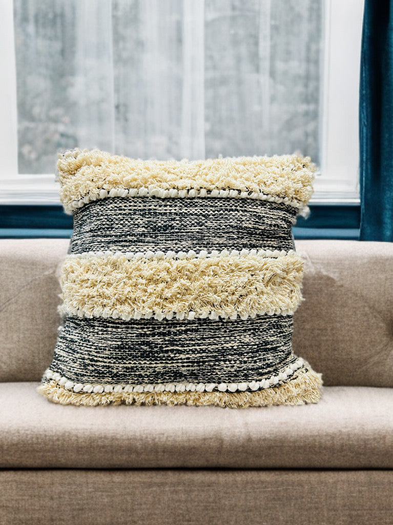 Bohemian Cushion Cover - Black, Tassels, Dari Fabric, 16x16"