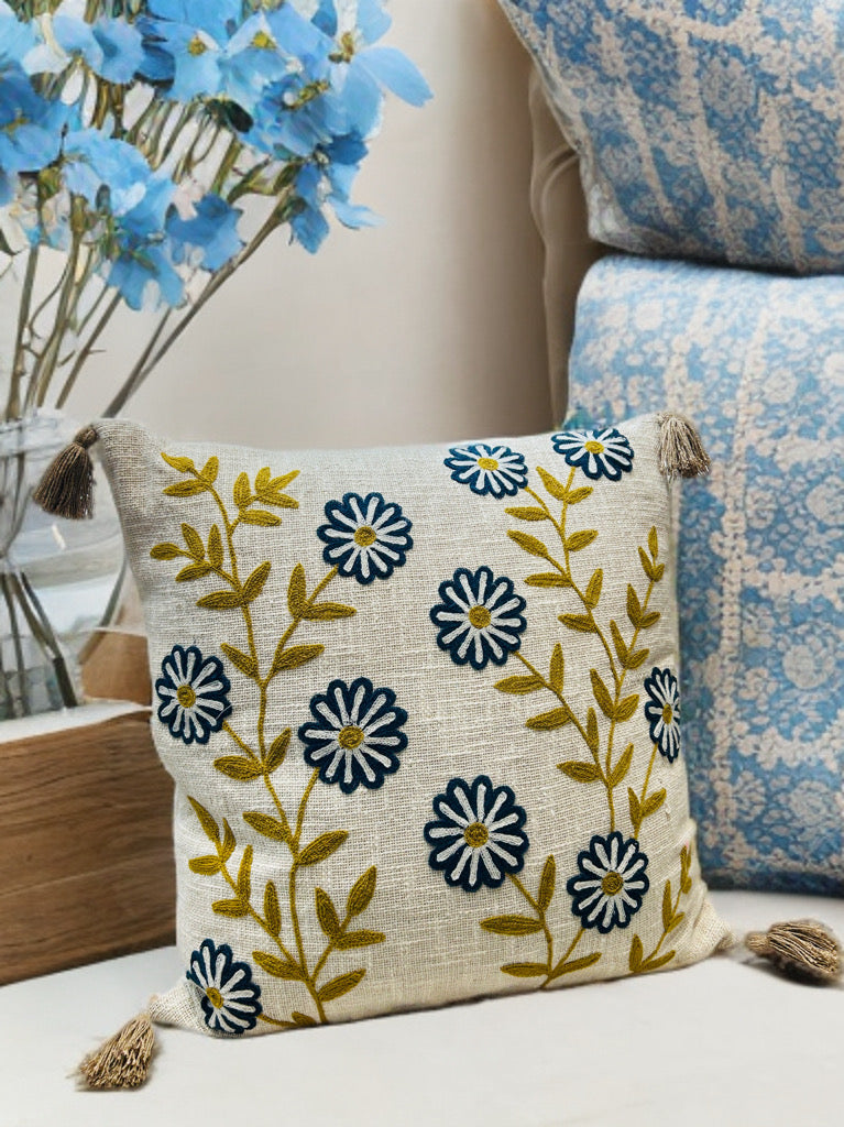 Embroidered Cushion Cover | Slub Cotton, 24x24 Inches