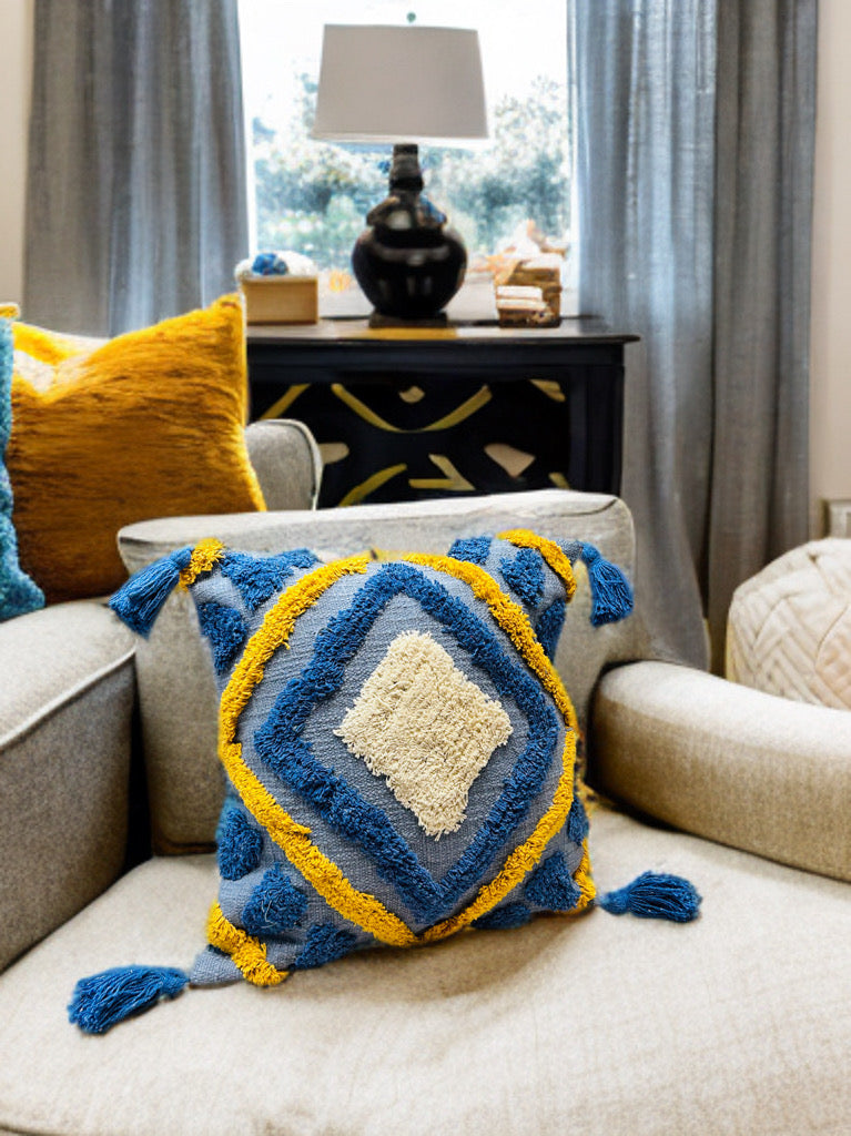 Elegant Blue Tufted Cushion Cover | Slub Cotton, 16x16"