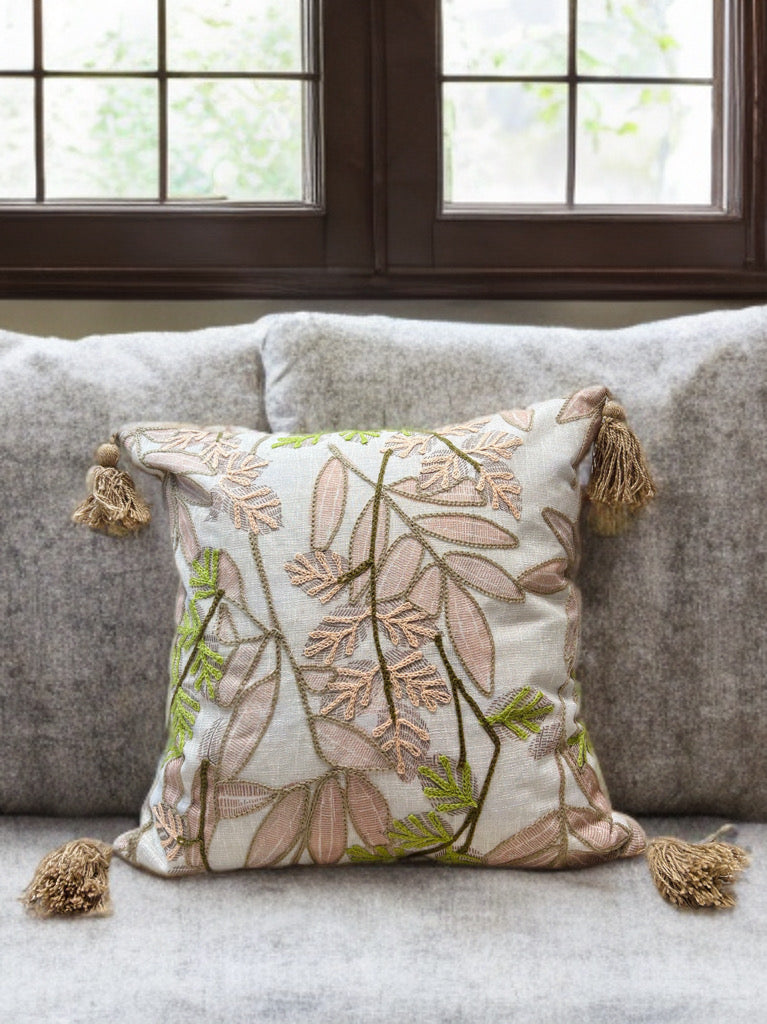 Blossom Thread Work Embroidered Cushion Cover | 16x16" | Slub Cotton
