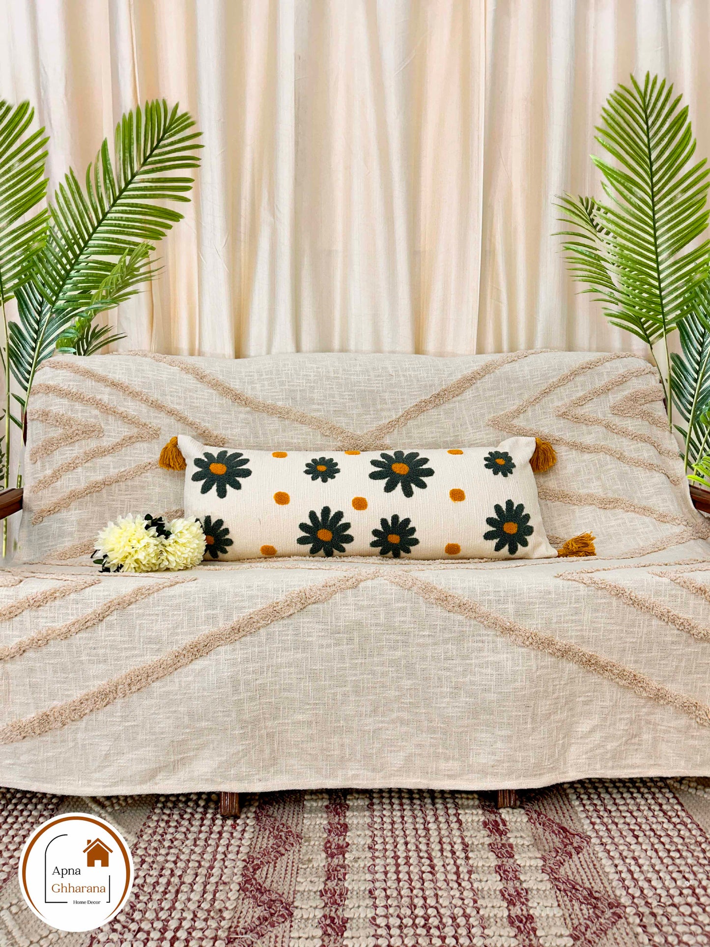 Embroidered Lumbar Cushion Cover – Grey Floral Design, 34x12 Inches