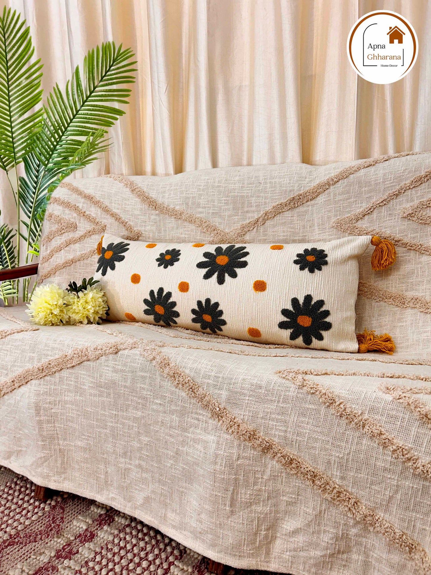 Embroidered Lumbar Cushion Cover – Grey Floral Design, 34x12 Inches