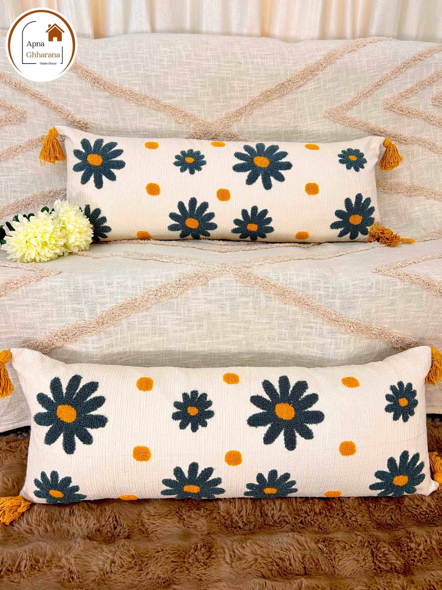 Embroidered Lumbar Cushion Cover – Grey Floral Design, 34x12 Inches