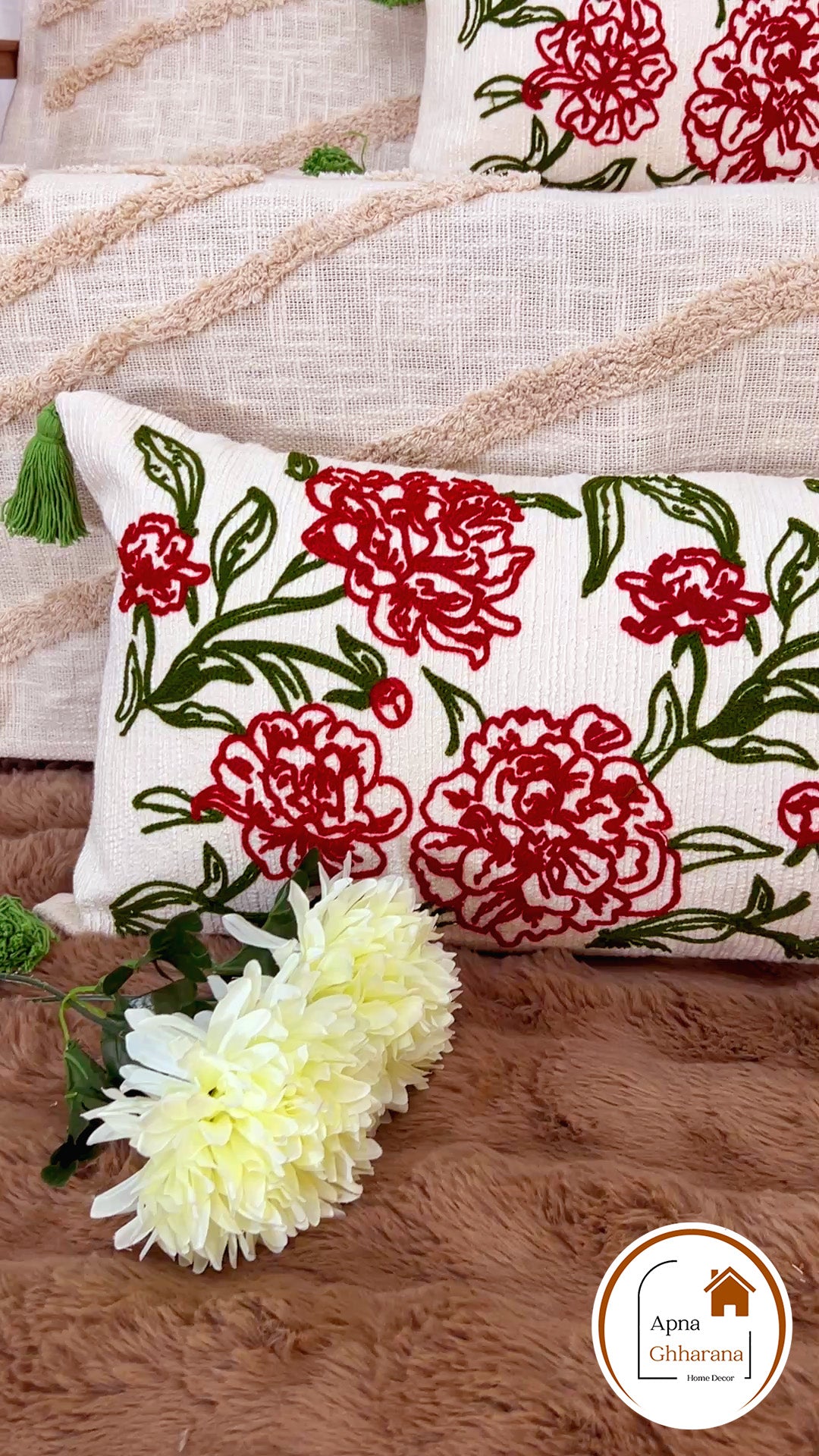 Floral Symphony Embroidered Lumbar Cushion Cover | 34x12" | Cotton
