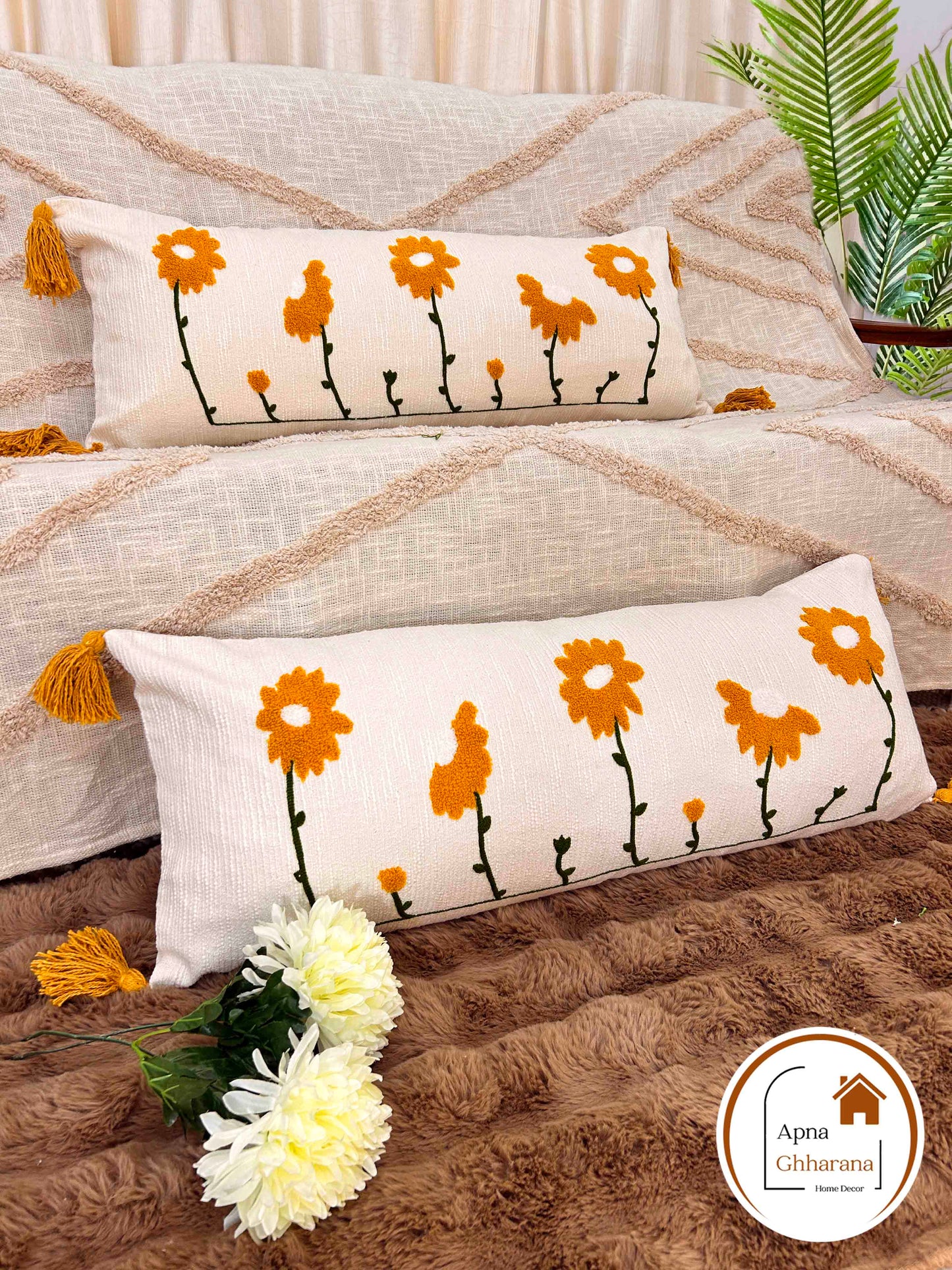 Premium Yellow Embroidered Lumbar Cushion Cover | Cotton | 34x12"