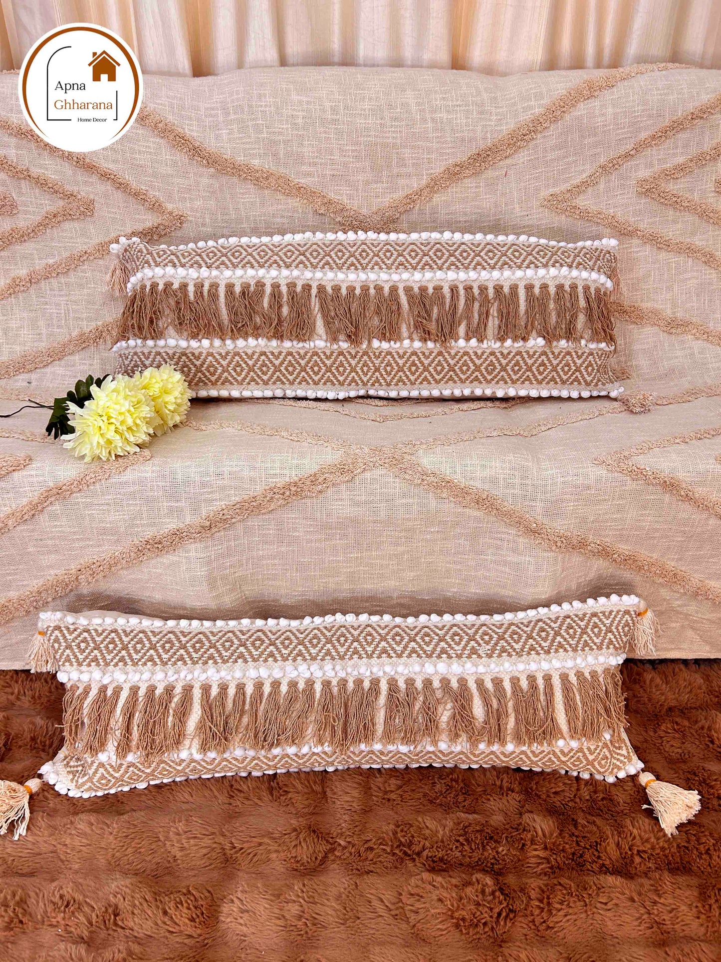 Bohemian Lumbar Cushion Cover | Brown Slub Cotton, 34x12", Frill Design