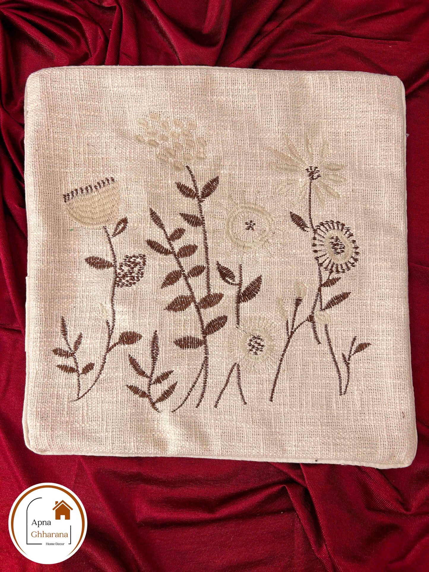 Threaded Elegance – Embroidered Cushion Cover | 16x16" | Slub Cotton