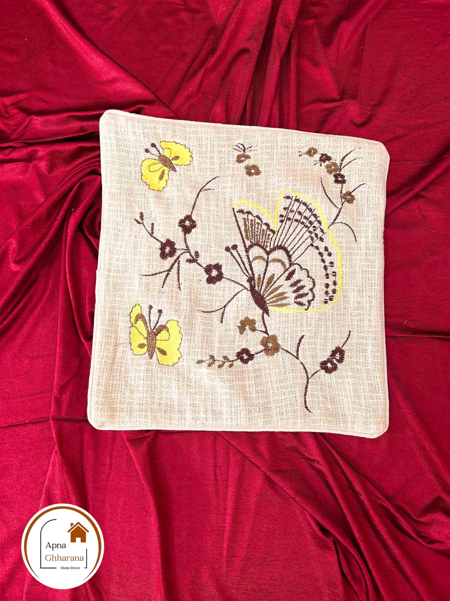 Blossom Thread Work Embroidered Cushion Cover | 16x16" | Slub Cotton