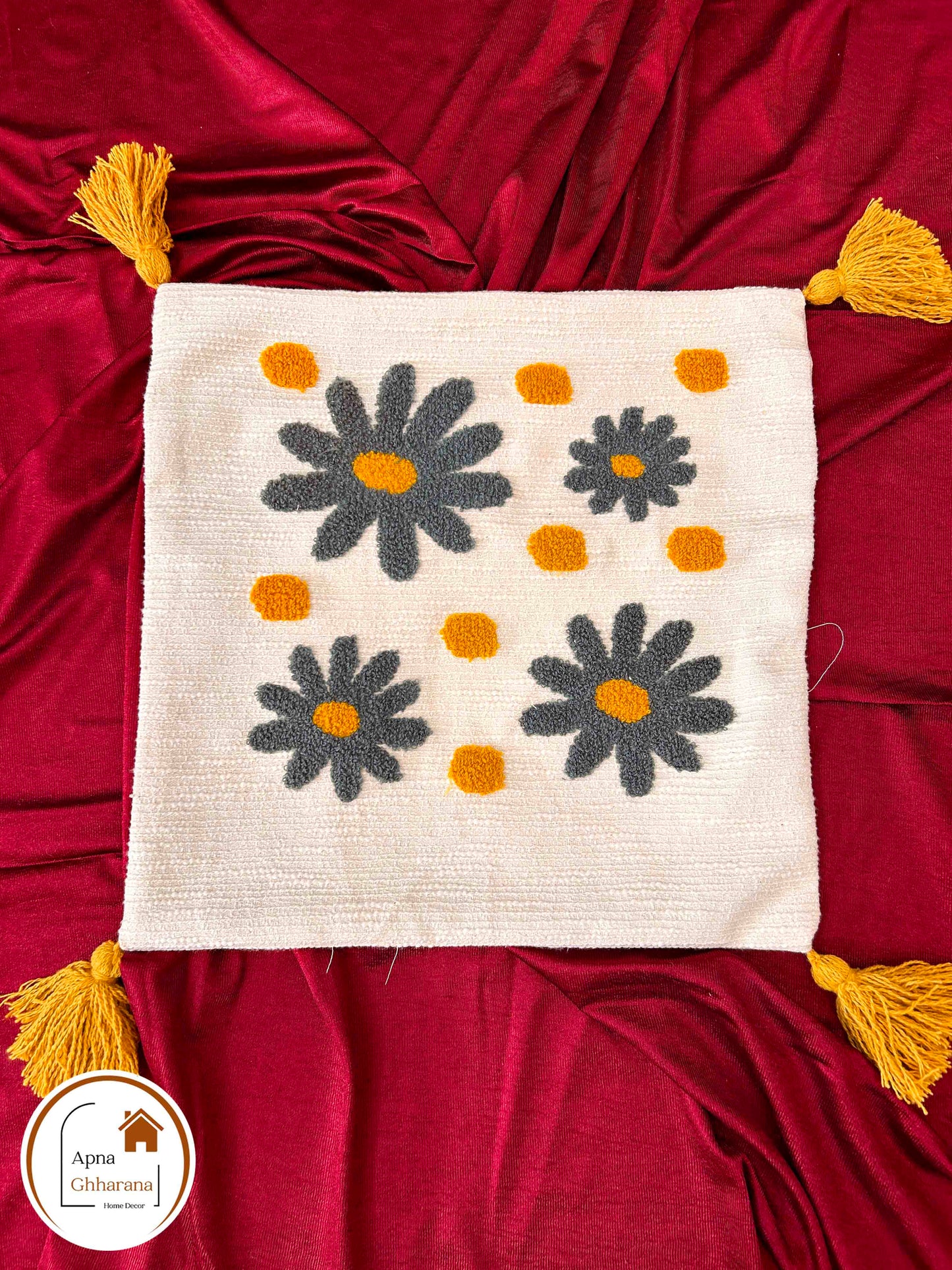 Grey Flower Embroidered Cushion Cover | 16x16", Slub Cotton, Premium Design