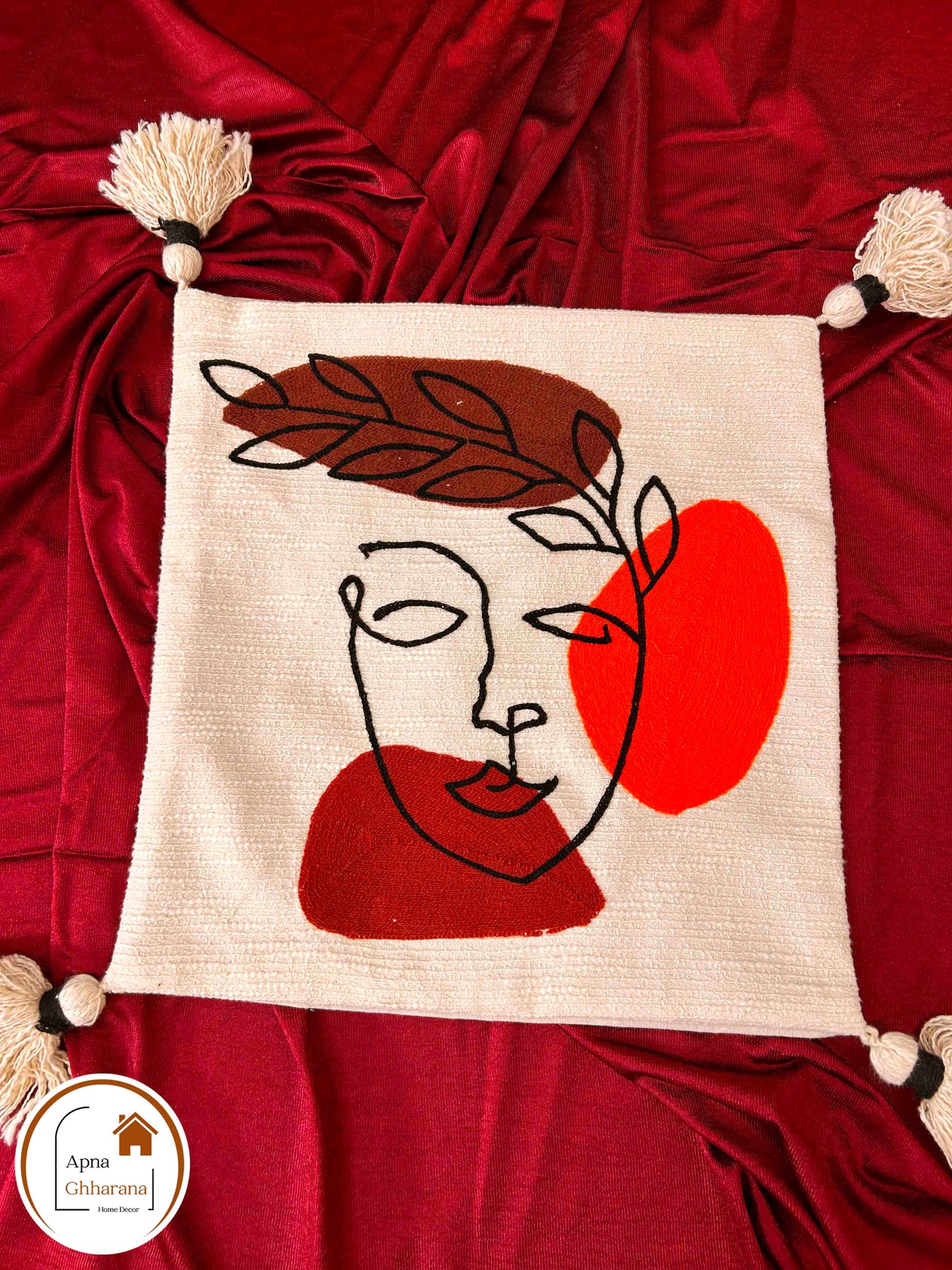 Face Design Embroidered Cushion Cover | Slub Cotton | 16"x16"