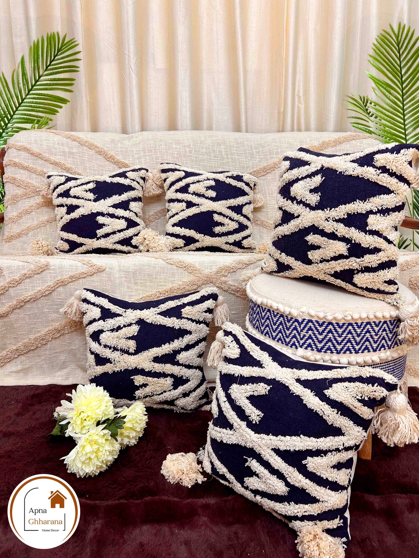 Tufted Cushion Cover | White Tufting on Blue | 16x16" Slub Cotton