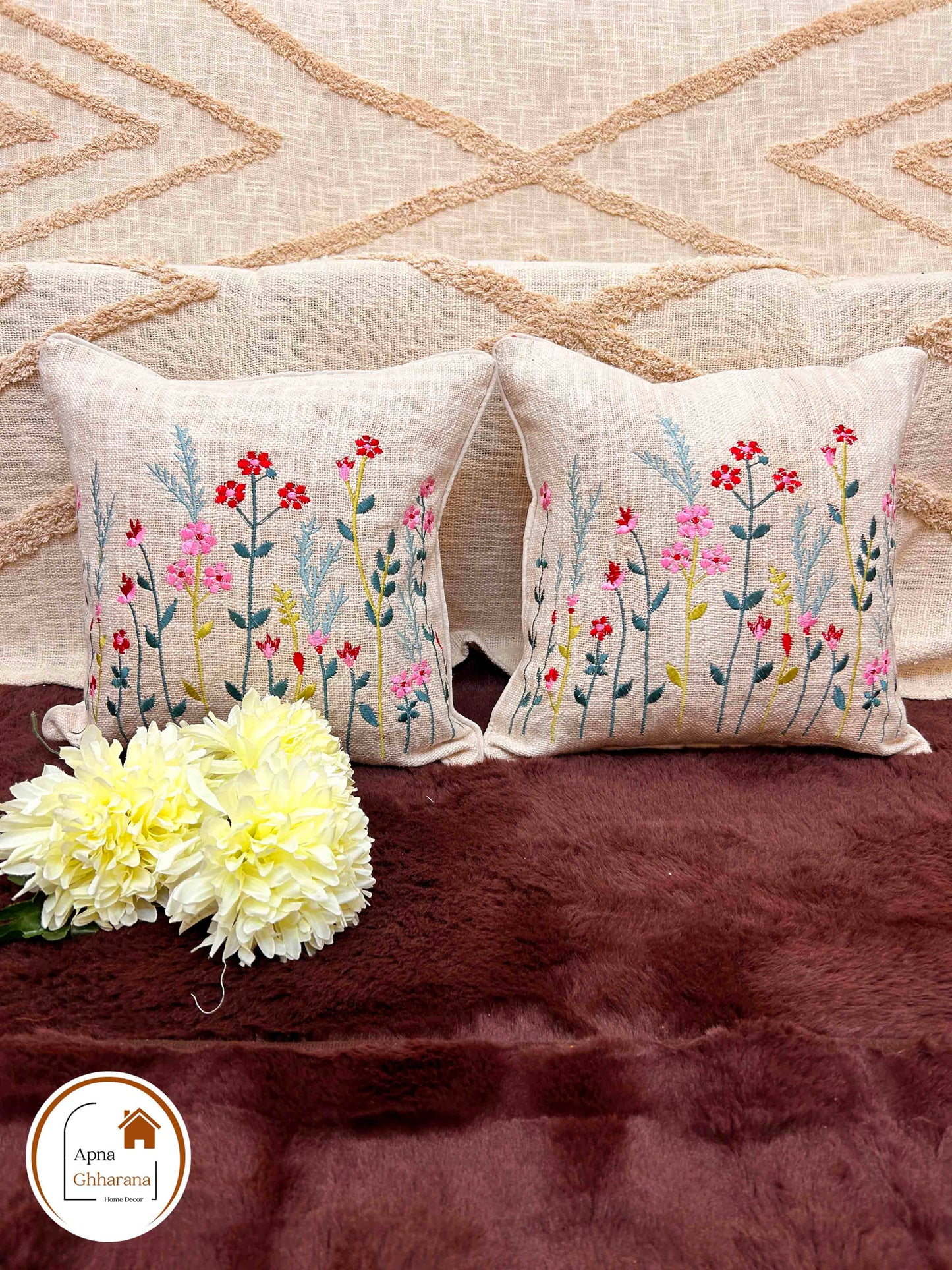 Multicolor Flower Embroidered Cushion Cover | Slub Cotton | 16x16