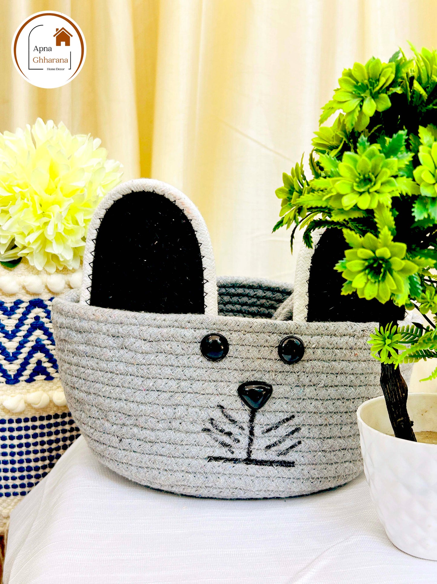 Grey Animal Face Basket with Handle | Lightweight & Washable (7x6 inch)