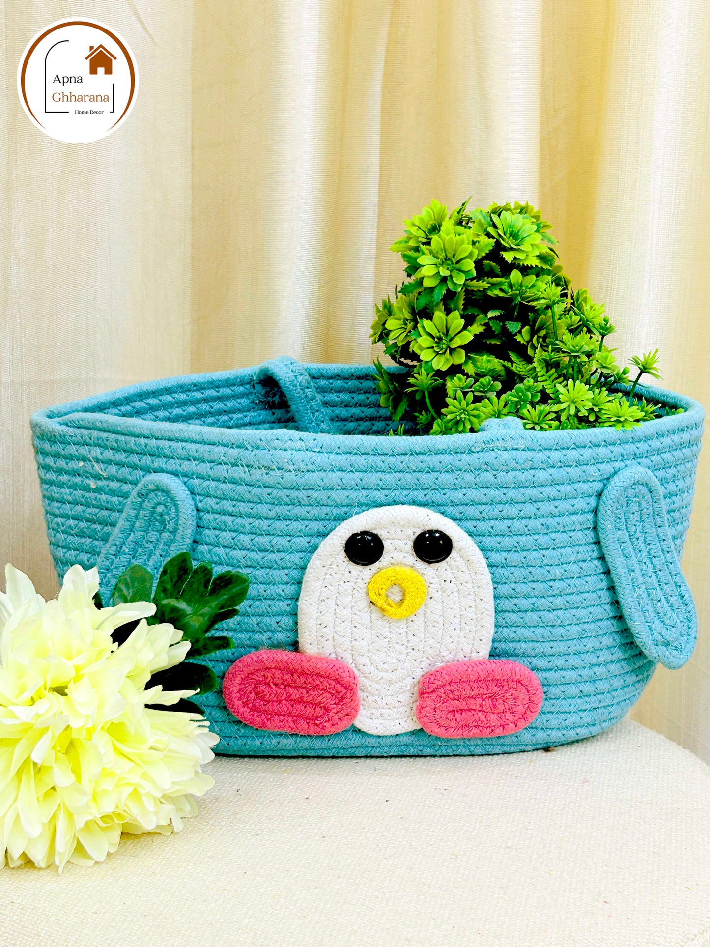 Sky Blue Animal Face Basket with Handle – Lightweight & Stylish