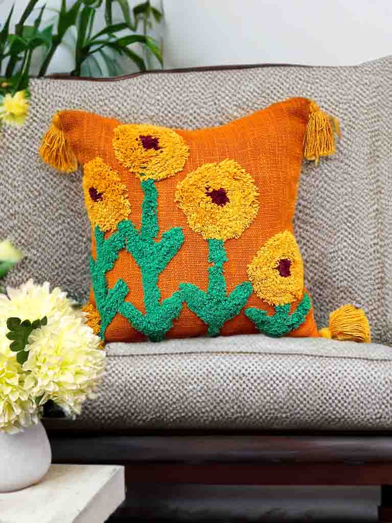 Sunflower Tufted Cushion Cover | Mustard & Yellow | 16x16" | Slub Cotton