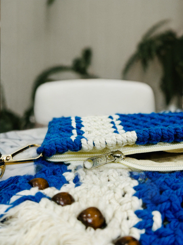 Handcrafted Blue Macramé Beaded Sling Bag – Boho Chic 7x9 Inch Purse with Zipper