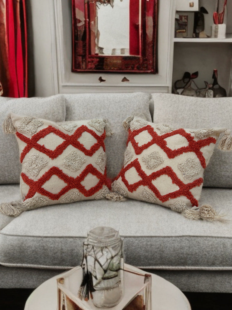 Rust Tufted Cushion Cover | Slub Cotton, 16"x16" | Stylish & Aesthetic